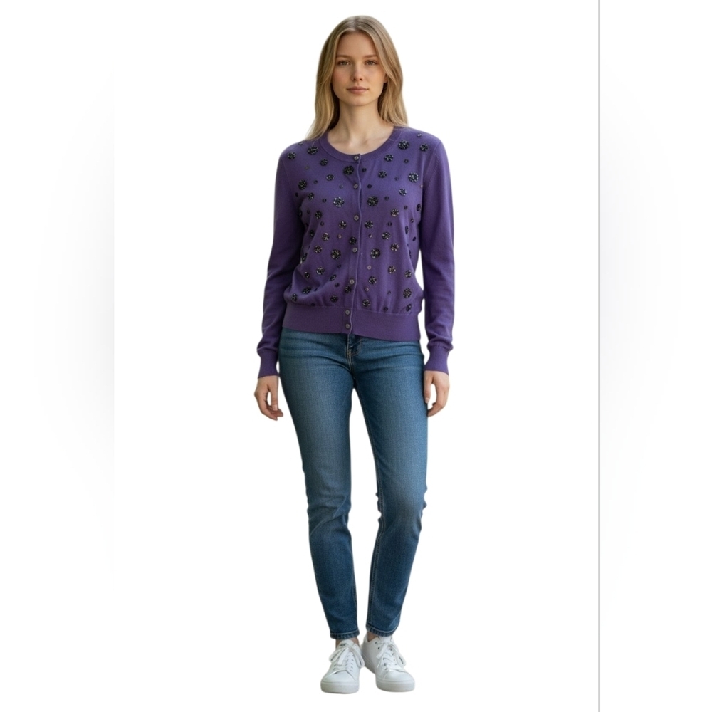 J. Crew Purple Jeweled Crewneck Cardigan